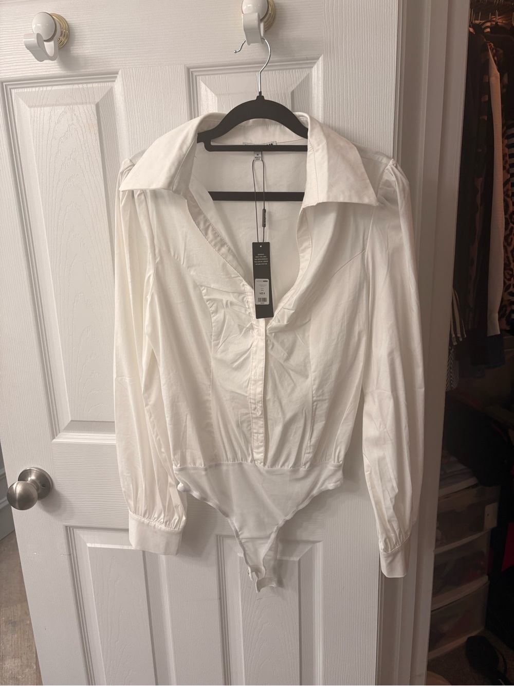 Fashion Nova White Long Sleeve Collared Bodysuit